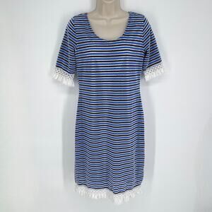 Sara Campbell Striped Eyelet Fringe Dress Sz S Blue Black White Lined Scoop Neck
